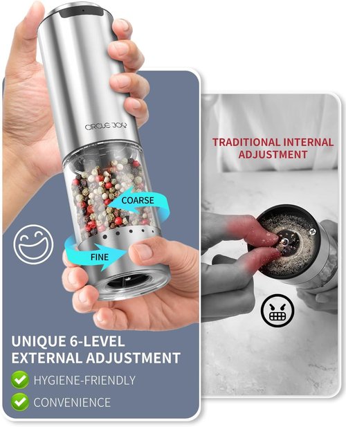 CIRCLE JOY Rechargeable Electric Salt and Pepper Grinder Set - Stainless Steel Mills with LED Light & Adjustable Coarseness, Silver