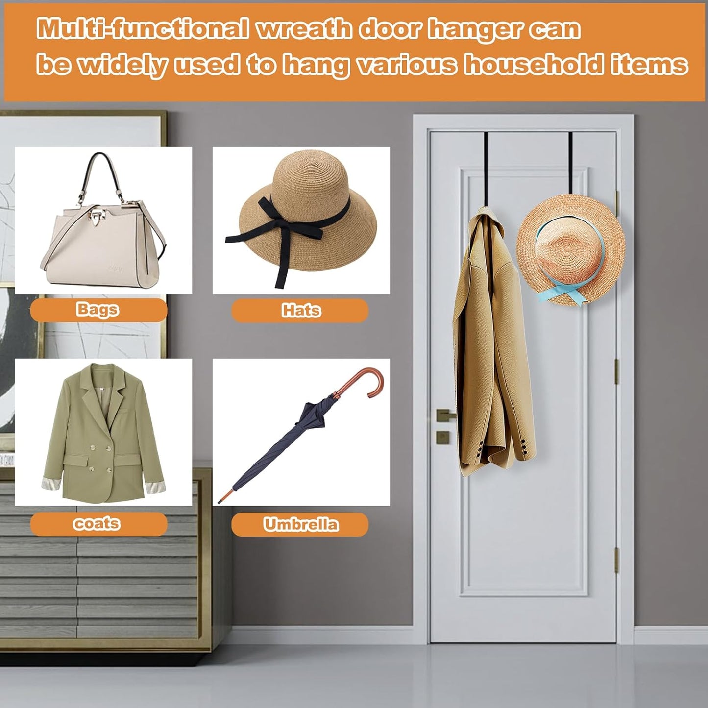 PECULA Wreath Hangers - 2 Pack 14" Metal Hangers for Front Door | 40lb Load-Bearing, Black Finish