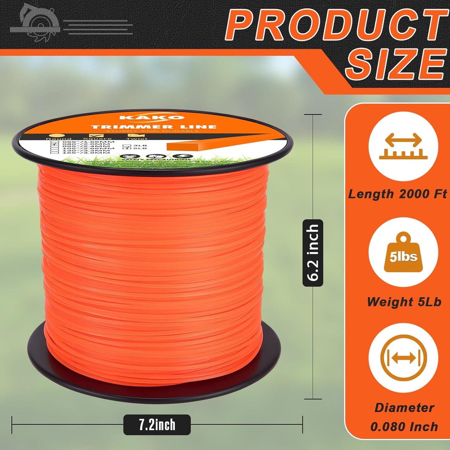 KAKO 080 Trimmer Line - Durable Square Weed Wacker String | 2000 Ft, 5 Lb, Fits Most Trimmers