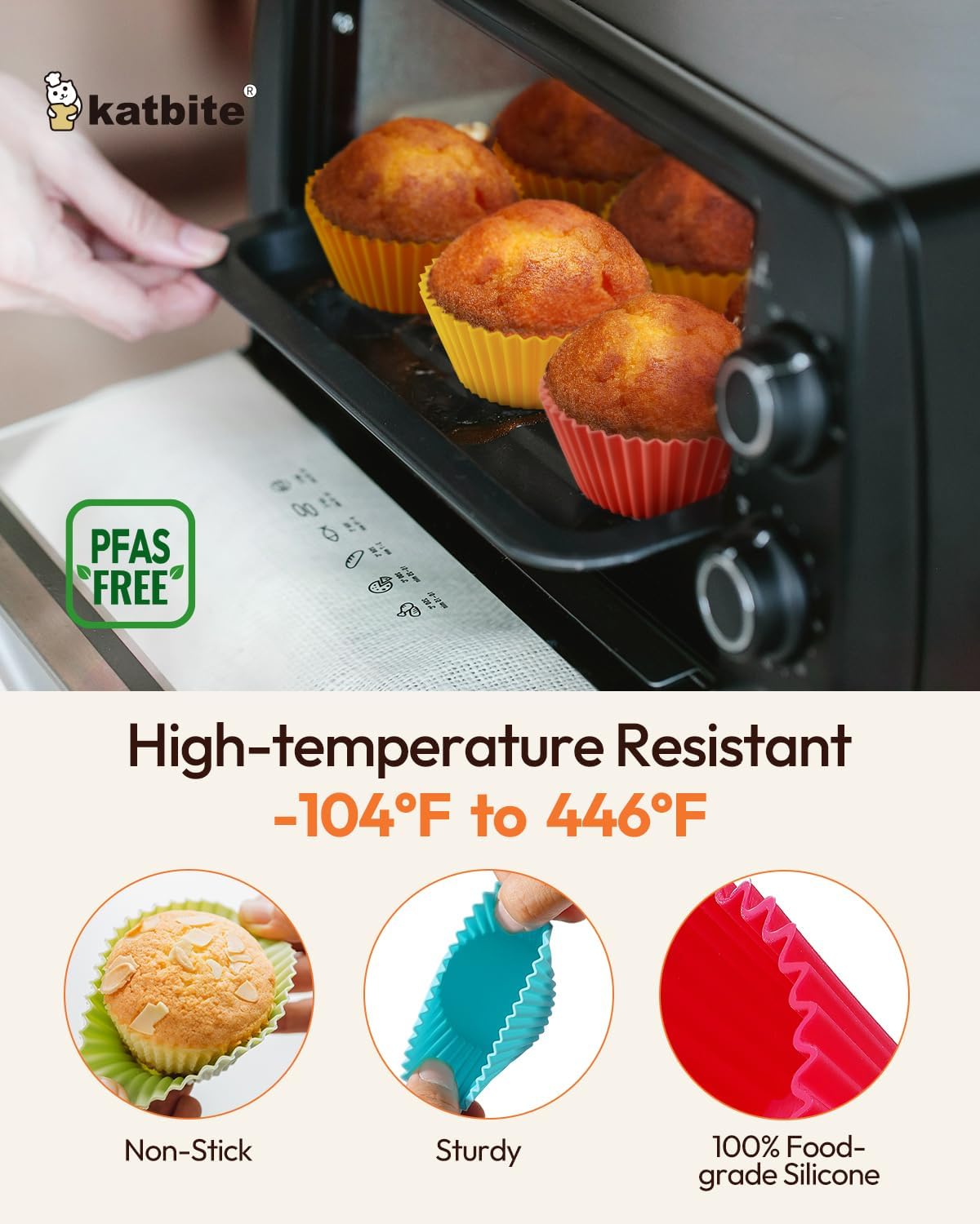 Katbite Silicone Cupcake Liners - 24 Pack Non-Stick Muffin Molds | Heavy Duty Multicolor Baking Set