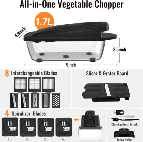 12 Blade Vegetable Chopper Mandoline Slicer - All-in-One Kitchen Gadget with Container | Black