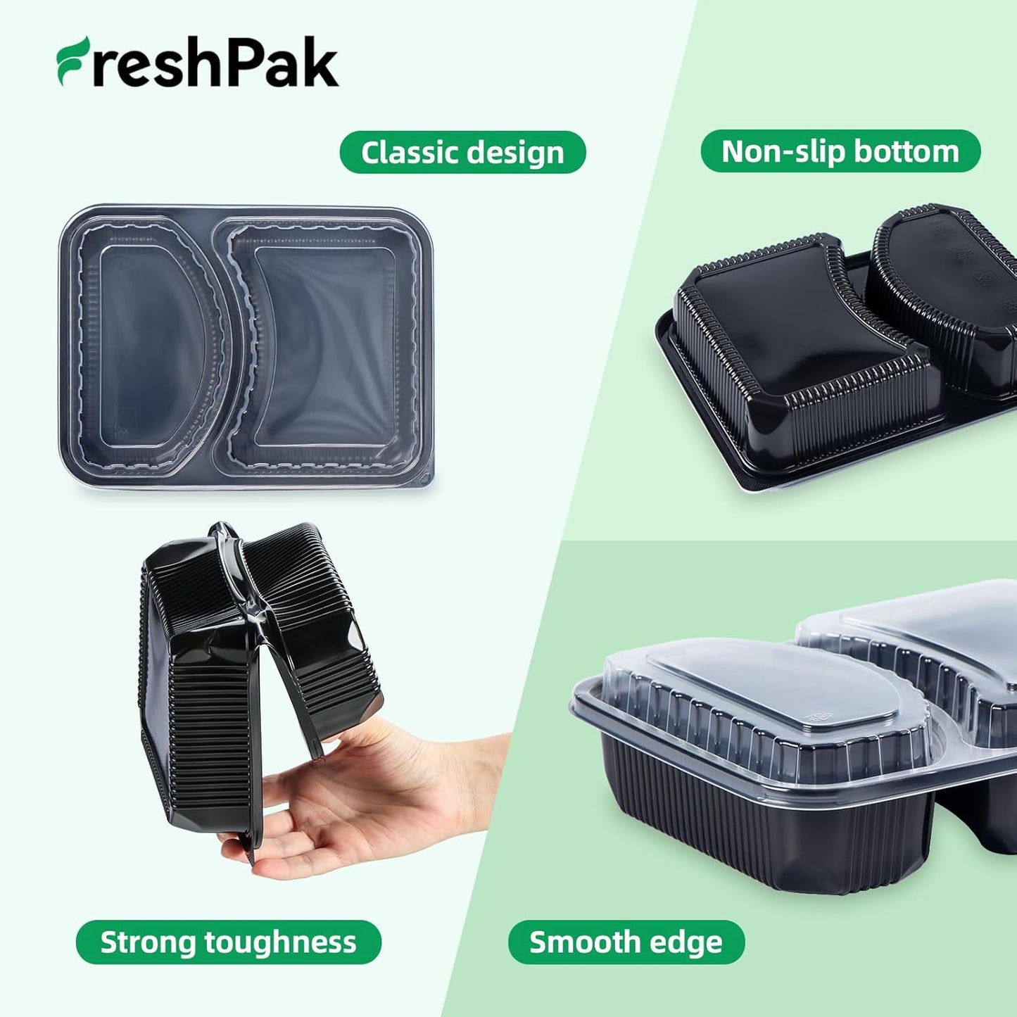 Takeout Containers 40 Pack - Leakproof 40oz Plastic Meal Prep with Lid | BPA Free & Microwave Safe | 2 Compartment Design