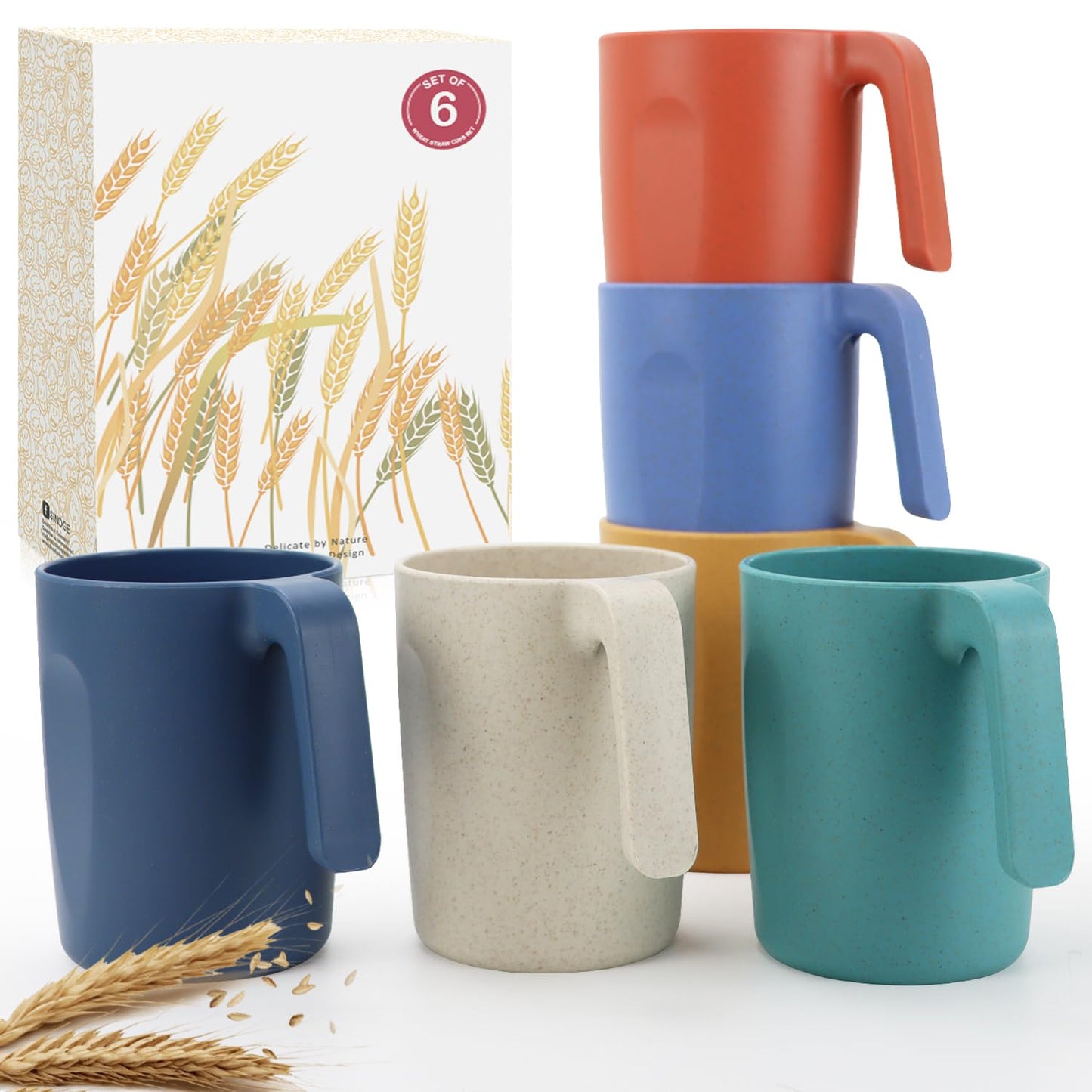 Wrova 16oz Wheat Straw Cups with handles set of 6-Plastic Cups Reusable-Unbreakable Kids Mugs-Dishwasher Safe & Microwave Safe-Ideal Plastic Mugs for Tea,Coffee,Camping,RV-Vibrant Color
