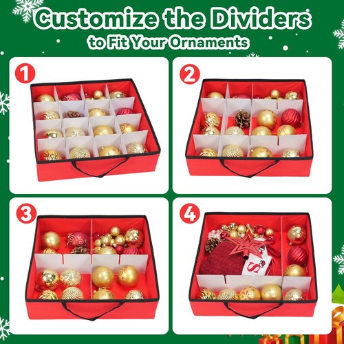 Christmas Ornament Storage Box - Durable 600D Oxford Organizer for 128 Balls | 8 Trays in Red