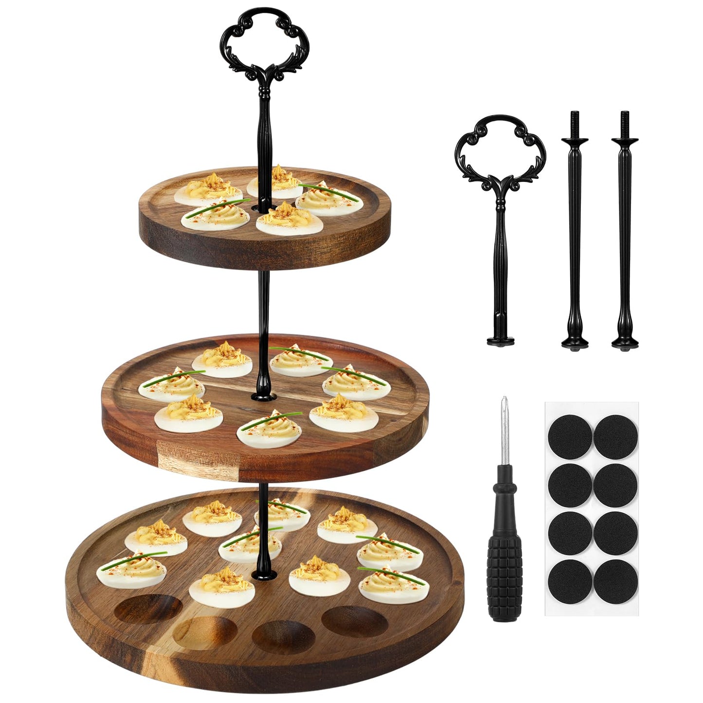 Newtay 3 Tier Wooden Deviled Egg Platter 26 Holes Deviled Egg Stand Plate Reversible Tray Serving Tray Holder for Easter Thanksgiving Christmas Cheese Serving Home Supplies(Black)