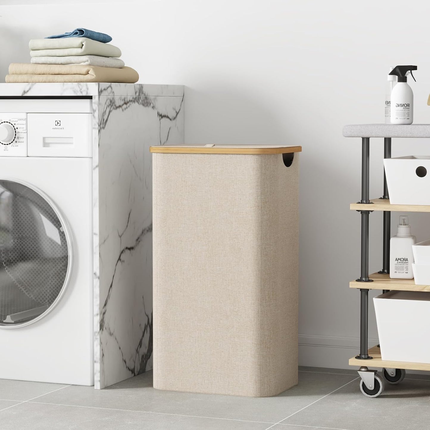 Lifewit 100L Laundry Basket - Large Collapsible Hamper with Lid & Bamboo Handles | Beige & Black