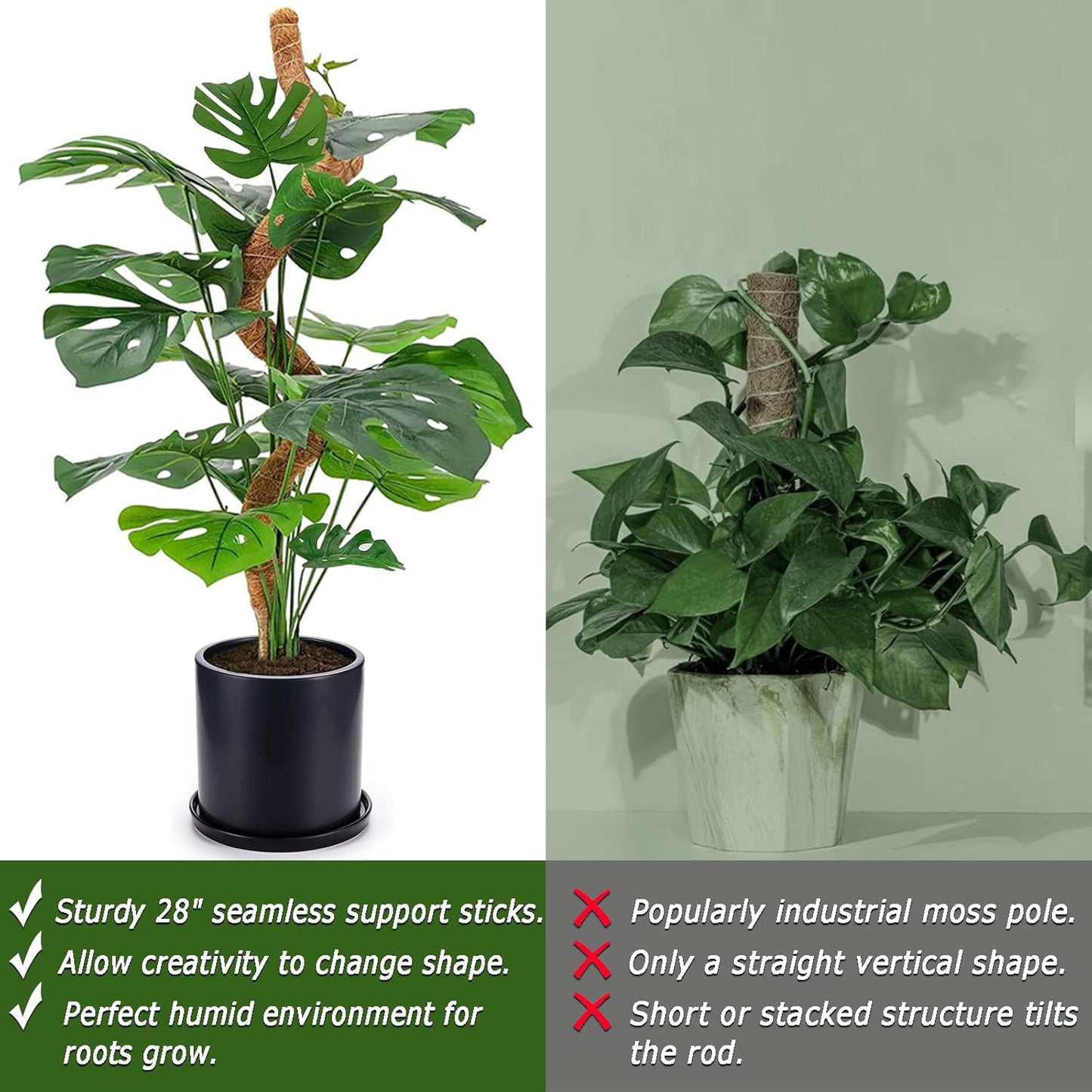 Soupiar 28" Bendable Moss Pole - Rust-Free Aluminum Core Plant Support Stakes for Monstera | 2-Pack with 13.2ft Jute Rope