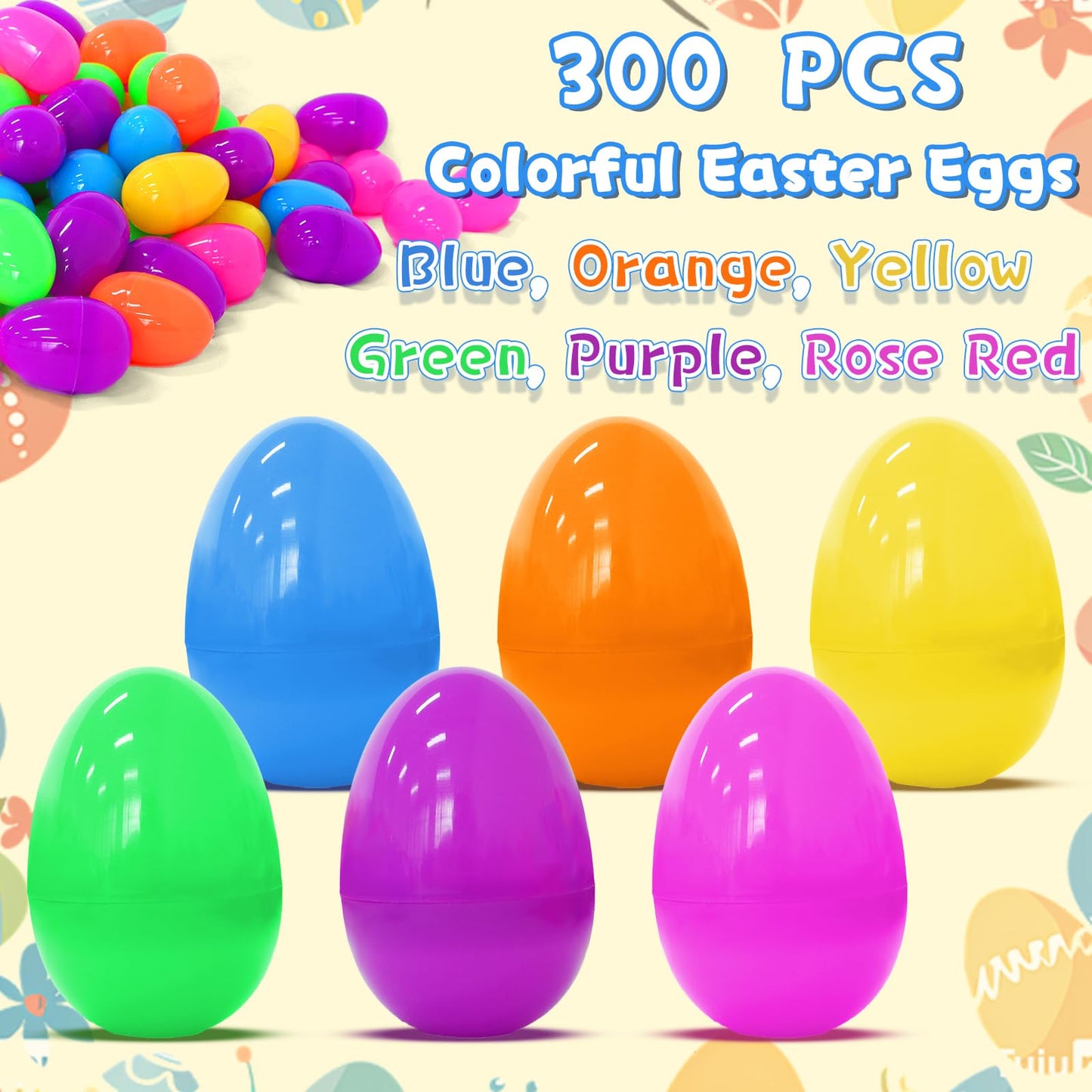 300 Pcs Plastic Easter Eggs Bulk, 2.2" Easter Eggs Fillable, Bright Colors Plastic Eggs Bulks for Easter Egg Hunt, Filling Treats and Party Favor, Easter Basket Stuffers Fillers for Kids Toddlers