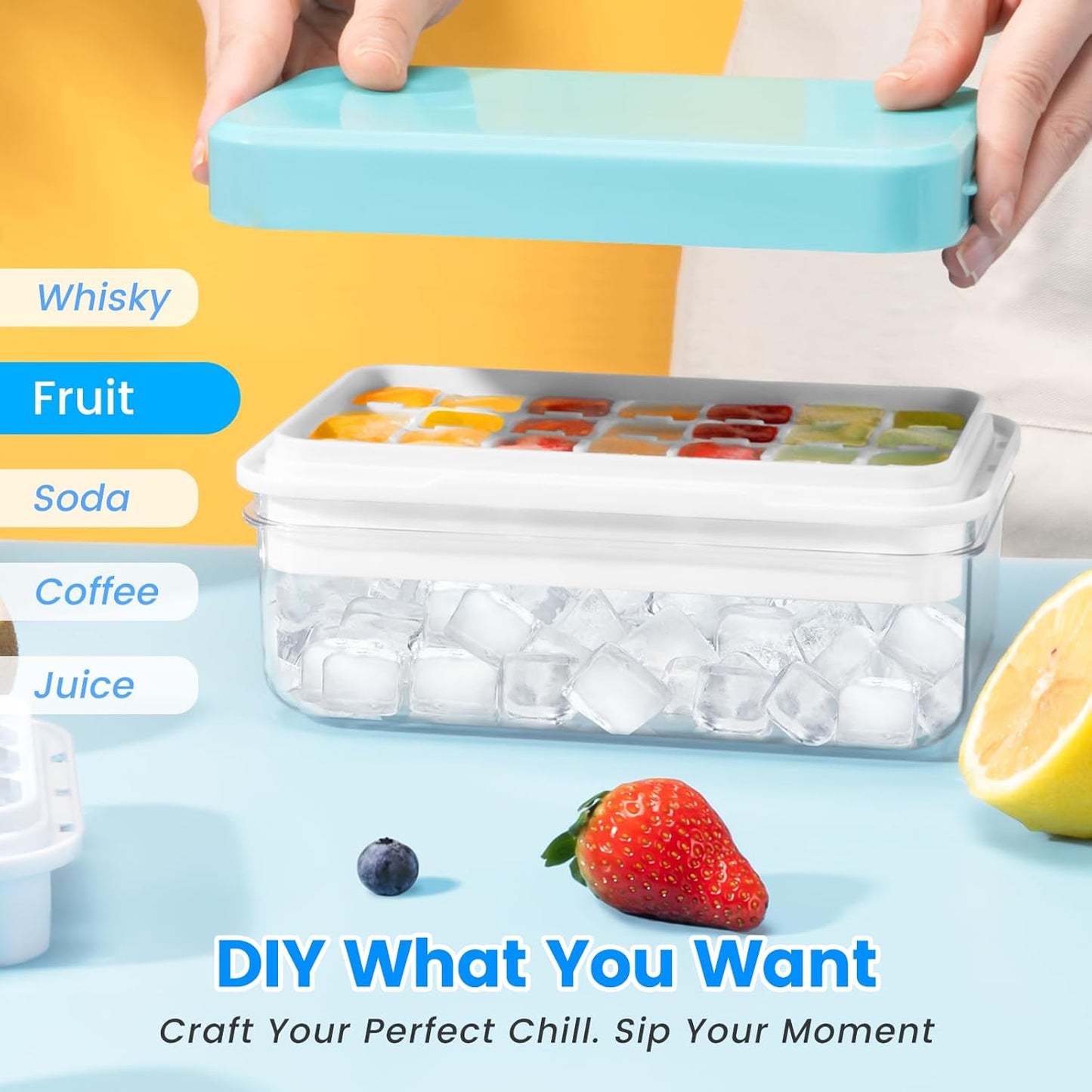 PHINOX Ice Cube Tray Set - 56 Pcs BPA-Free Ice Trays with Lids, Container & Scoop for Freezer
