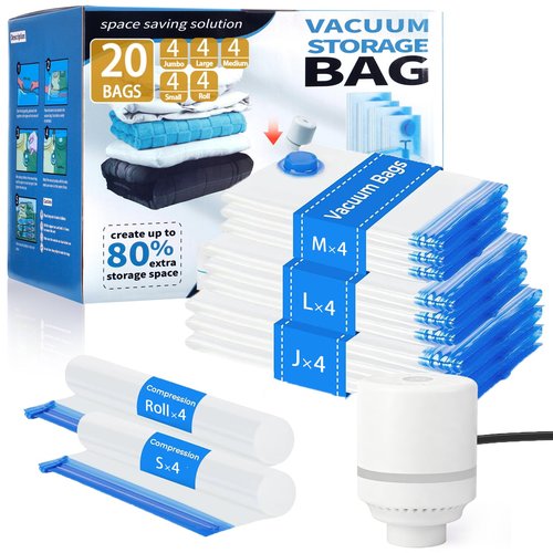 20 Pack Vacuum Storage Bags with Electric Pump, Compression Space Saver Vacuum Seal Bags 4 Jumbo/4 Large/4 Medium/4 Small/4 Roll Up Bags for Clothing Travel Comforters Blankets Pillows Bedding Duvets