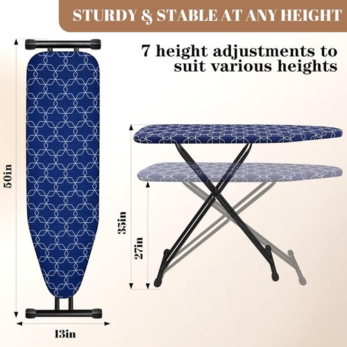 Classic Ironing Board - Extra Wide Heavy-Duty Padded Surface | Compact 43 x 13 Size in Blue Geometry