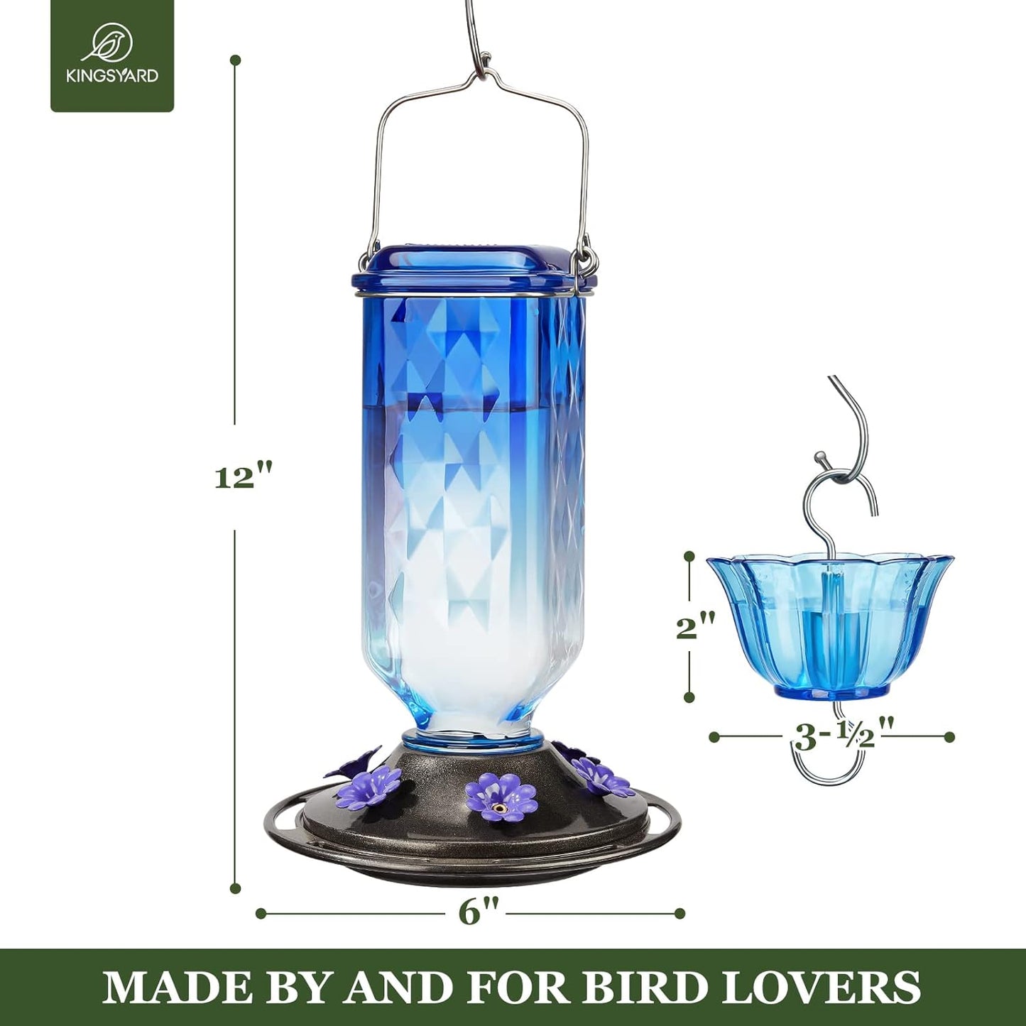 Kingsyard Hummingbird Feeder - 24 Ounce Glass Design with 6 Feeding Ports & Ant Moat | Blue Garden Décor