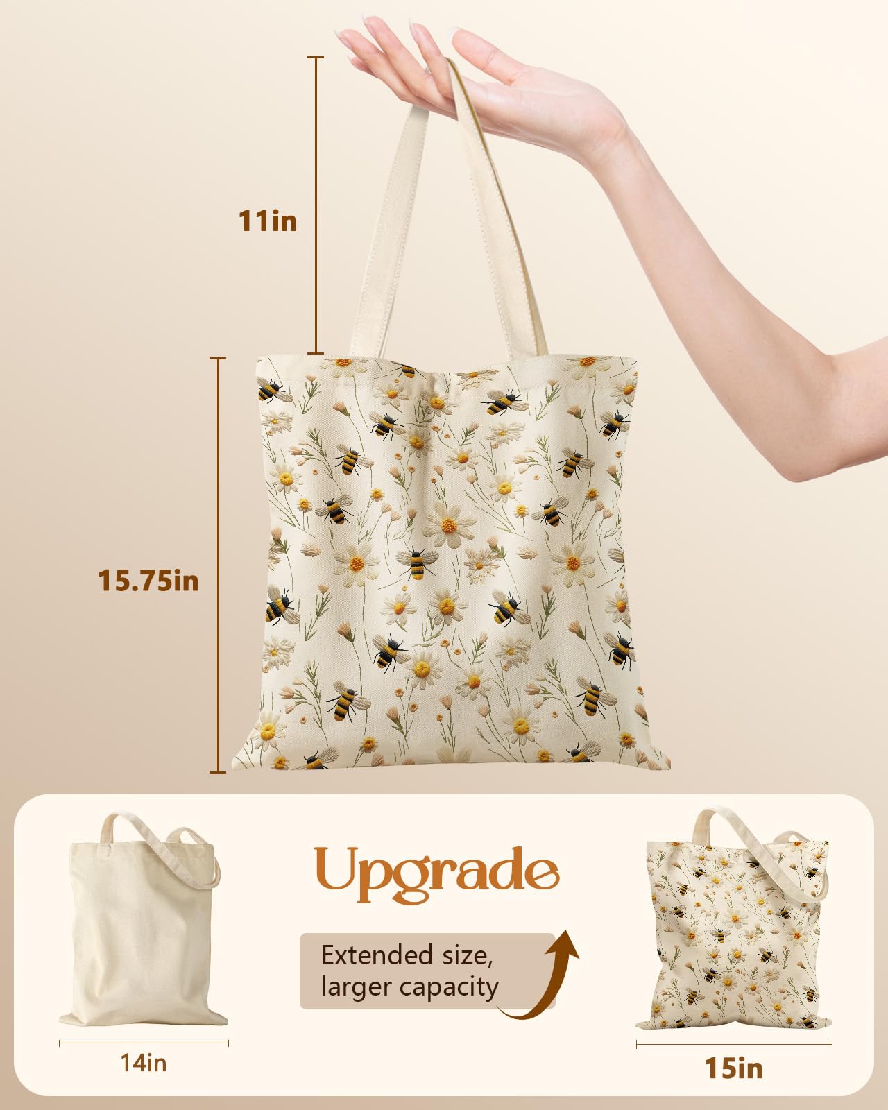 Miss Adola Canvas Tote Bag for Women - Aesthetic Canvas Totes with Pockets Cute Funny Design Ladies Reusable Cloths Shoulder Bag for Shopping Daily Work Casual, Flower Bee