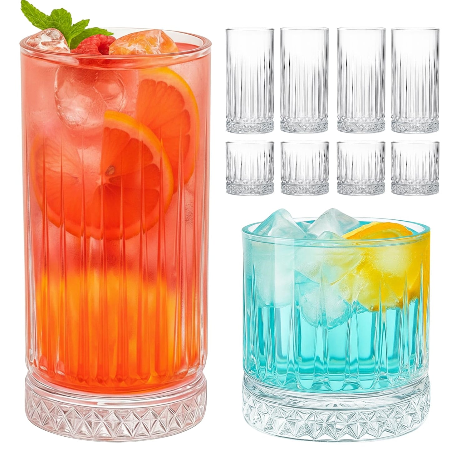 Ruckae Drinking Glasses Set of 8,15 oz and 7 oz Kitchen Water Glass Cups Set,Clear Ribbed Glassware Dishwasher Safe,Mixed Drinkware for Beer,Juice,Cocktail,Whiskey,Milk and Various Mixed Drinks