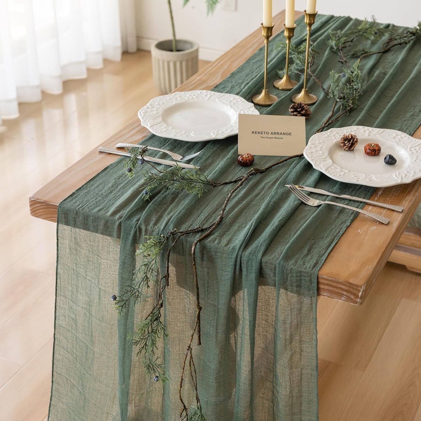 Keketoarrange Forest Green Summer Table Runner Gauze Rustic Cheesecloth 120 Inch 10 FT for Wedding Baby Shower Bridal Shower Birthday Party Sheer Boho Spring Home Decorations