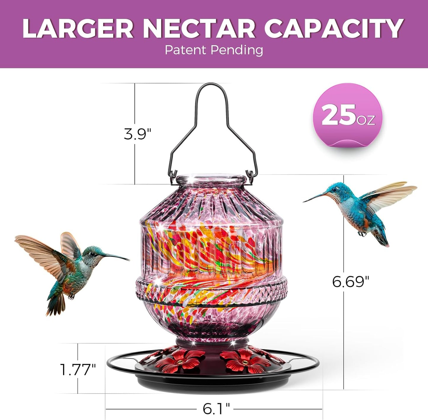 Skiennix Hand Blown Glass Hummingbird Feeder - 25 Ounce Leak-Proof Design with 5 Flower Ports | Purple Garden Decor