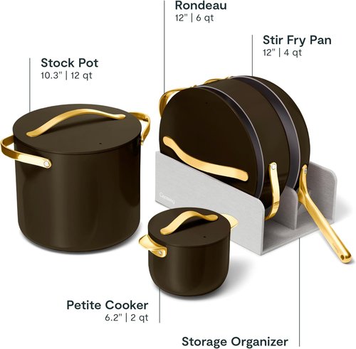 Caraway Cookware | Specialty Cookware Set - Petite Cooker, Stir Fry Pan, Rondeau & Stock Pot - Black with 3 Lids & Organizer