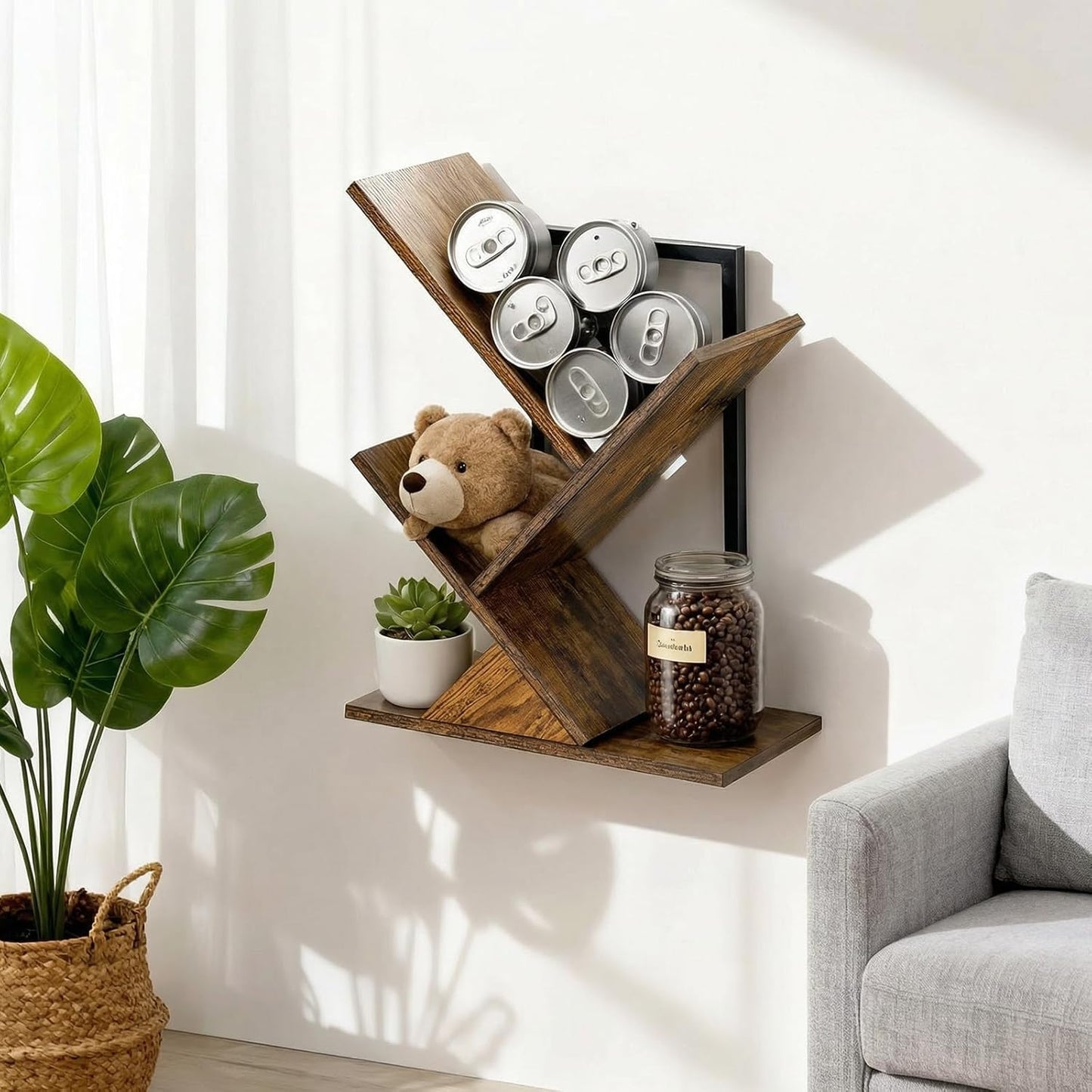 Rustic Brown & Black 3-Tier Tree Book Shelves | Unique Wall-Mounted Floating Bookshelf Organizer