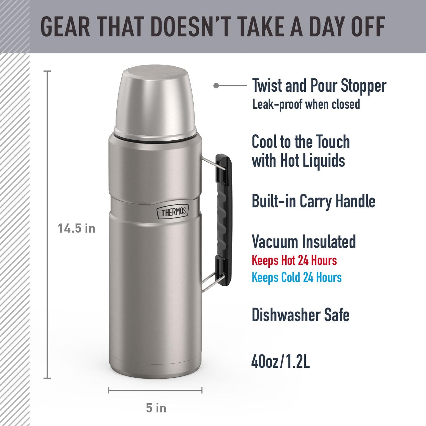 THERMOS Stainless King Vacuum-Insulated Beverage Bottle, 68 Ounce, Matte Steel