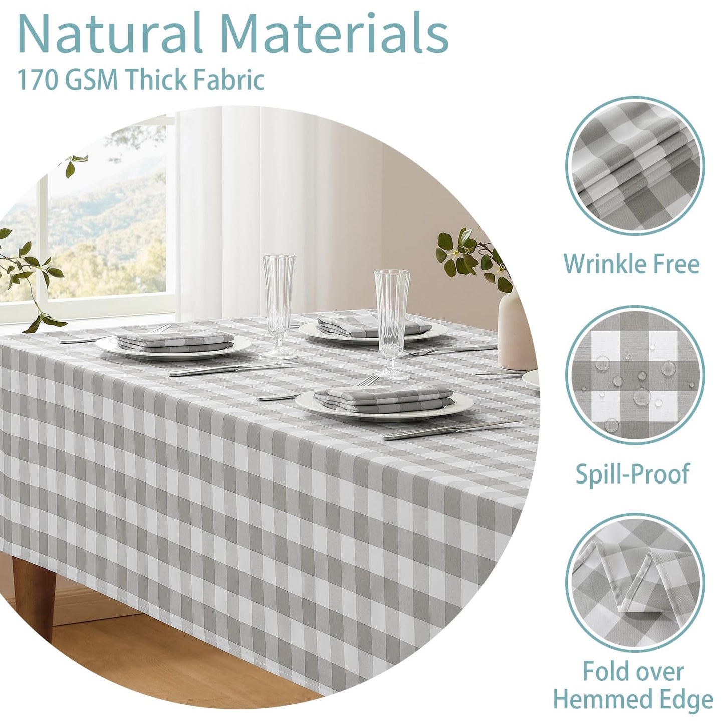Veblandy Checkered Tablecloth Rectangle Waterproof Gingham Table Cloth Washable Buffalo Plaid Table Cover Wrinkle Free for Kitchen, Dining and Outdoor Picnic, 52 x 70 Inch, Light Grey and White