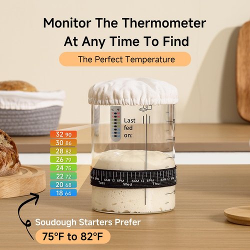 HomeFeel Premium Sourdough Starter Jar - 34 Oz Large Glass Jar with Bamboo Lid, Cloth Cover, Date Tracker, Thermometer and Scraper, Stylish Design and Wide Mouth Starter Kit (2 Pack)