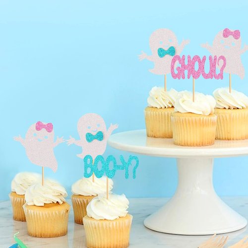 Ercadio Halloween Cupcake Toppers - 24 Pack Glitter Ghost Picks for Baby Showers & Gender Reveals
