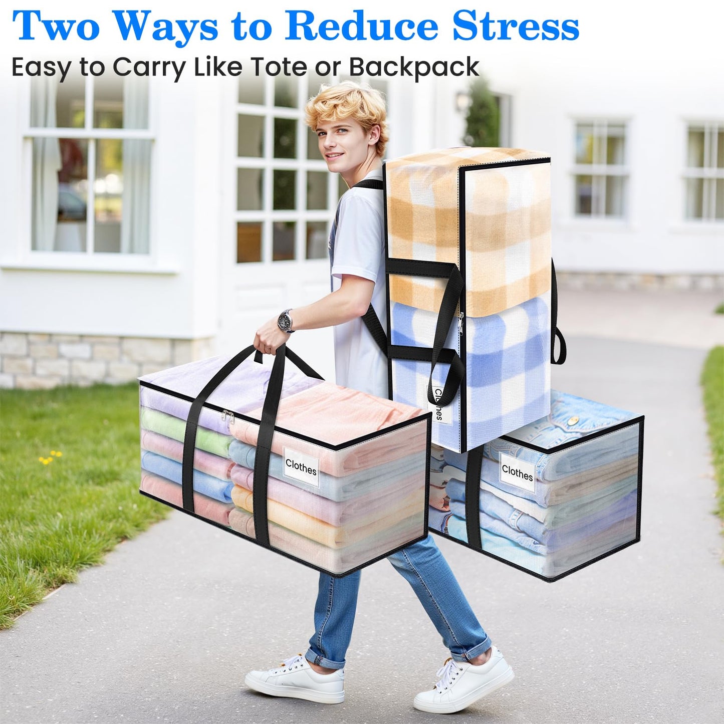 BlissTotes 6-Pack Large Moving Bags with Backpack Straps & Strong Zippers, Heavy-Duty Storage Bags Moving Boxes for Space Saving, Dorms, Transport, 93L-25 Gallons, Clear