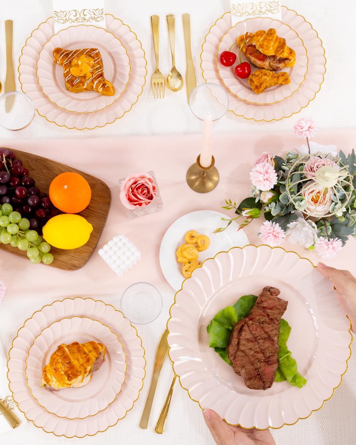YOUBET 175PCS Pink Scalloped Plastic Plates - Gold Disposable Dinnerware Set Include 50 Plates, 75 Gold Silverware, 25 Cups, 25 Napkins for Party & Wedding & Baby Shower Mothers Day