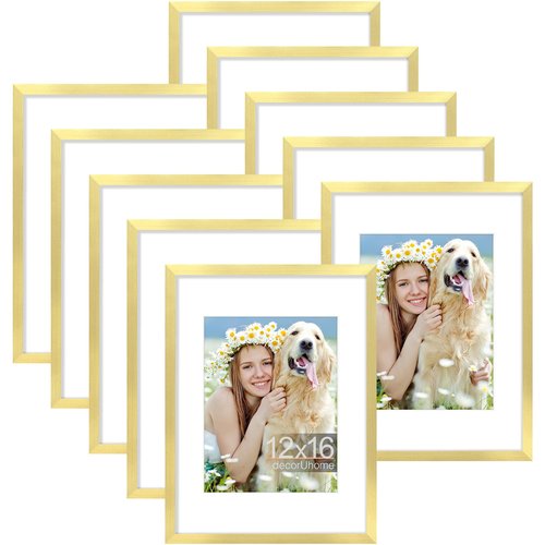 decorUhome 12x16 Picture Frame Set of 10, Display Photos 8.5x11 with Mat or 12x16 Unmatted for Picture Frames Collage Wall Decor, Gold