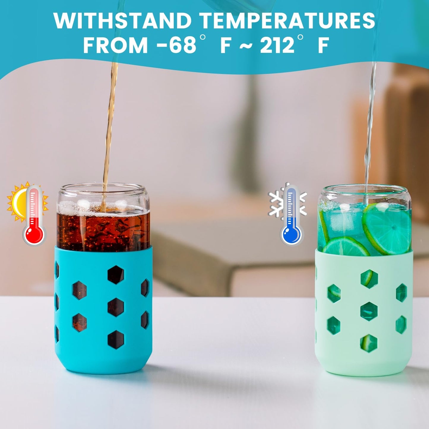 Mrsdry 16 oz Glass Cups With Lids and Straws, 4-Pack Iced Coffee Cup - Smoothie Cup With Silicone Lid and Sleeve for Coffee Bar Accessory, Cute Drinking Glasses Set Reusable Glass Tumbler for Gifts