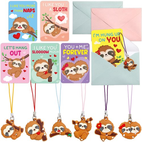 Fancy Land 30 Pack Valentines Cards Classroom Kids Sloth Valentines Day Cards with Keychains Valentine Gift Set Exchange Boys Girls Goody Bag Favors Sloth Animal