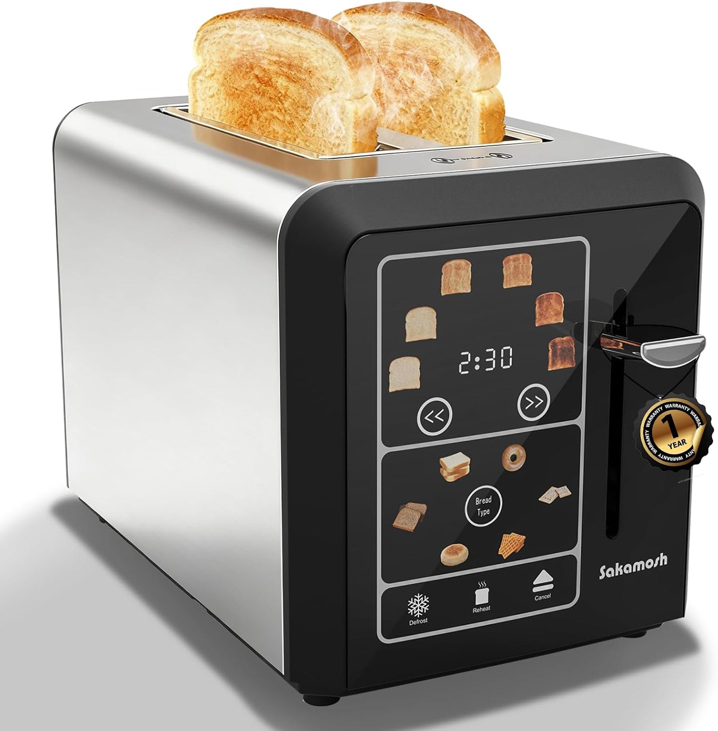 SAKAMOSH 2-Slice Toaster - Smart Digital Display with 6 Browning Levels & 1.3" Wide Slots - Stainless Steel, 800W