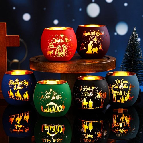Jingmore Christmas Nativity Scene Votive Candle Holders - 6 Glass Holders with Laser Engraved Designs for Holiday Decor