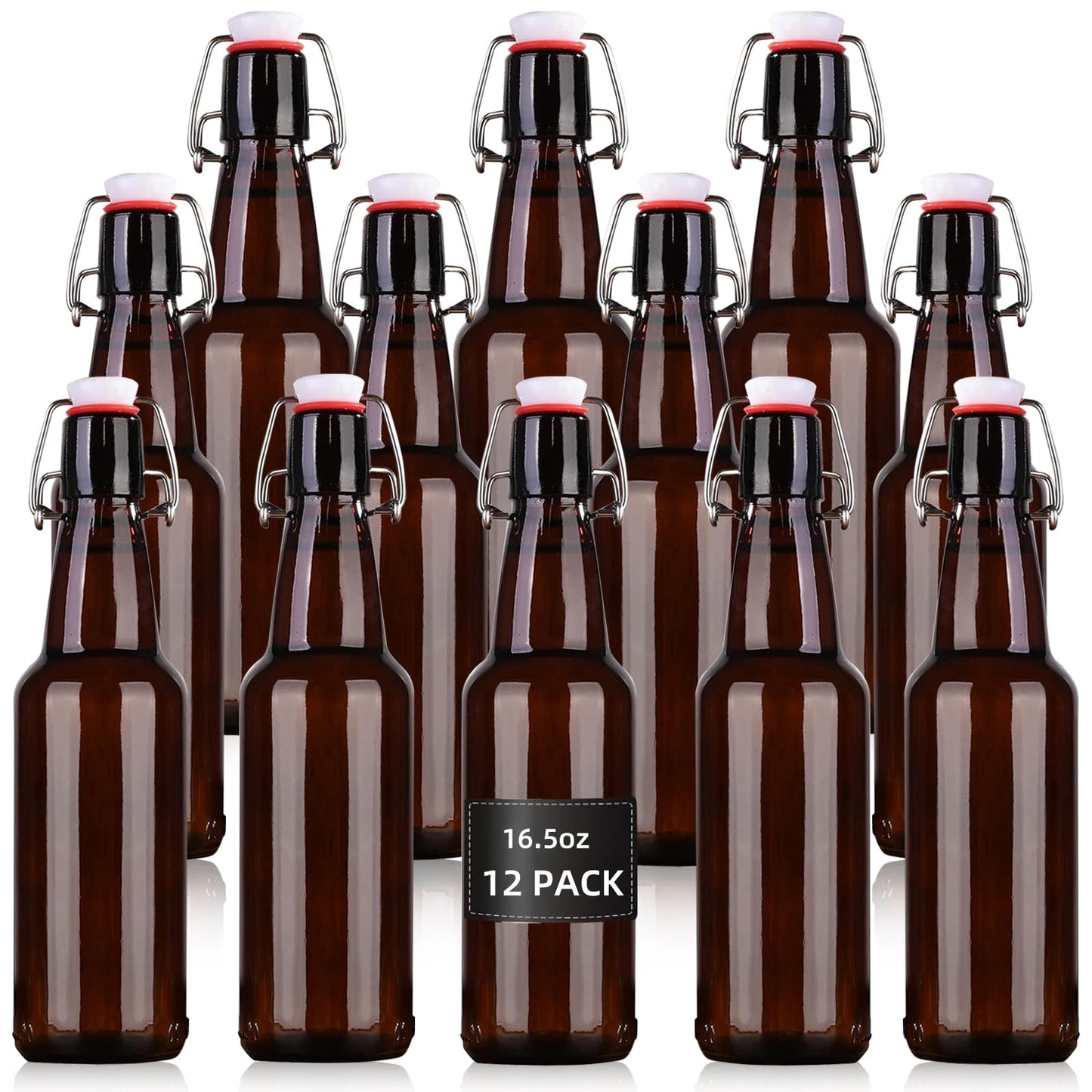 KITGLASCUP 16.5 oz 12 Pack Amber Swing Top Glass Bottles for Airtight Lids, Home Brewing and Fermentation Kombucha, Vanilla Extract, Beverage, Water, Kefir