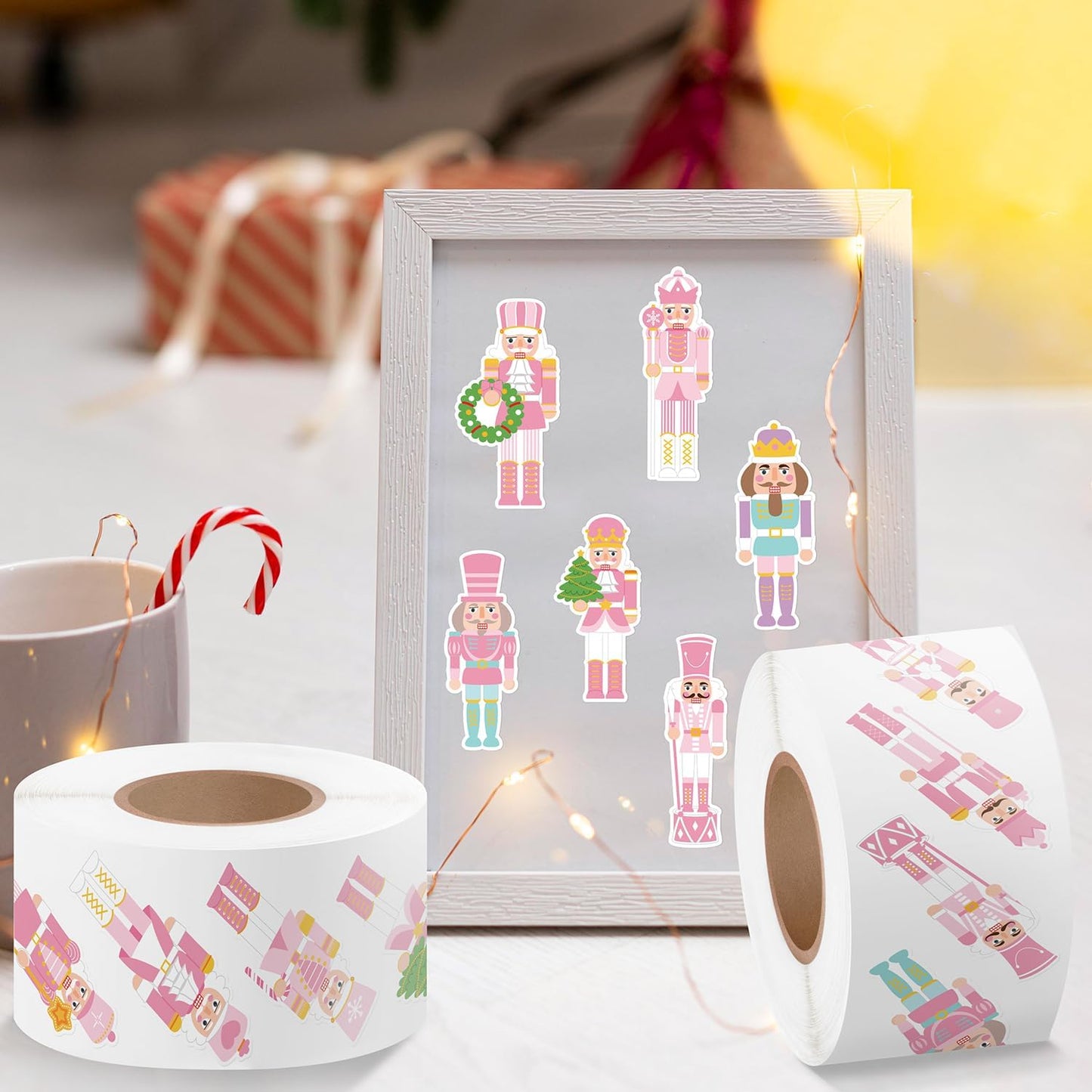 CNhoqc Christmas Nutcracker Sticker Roll - 1000 Pcs Pink Nutcracher Self-Adhesive Stickers, Water Bottles Book Luggage Decors for Kids Students Teens Adults, School Rewards Festival Gifts Party Favor
