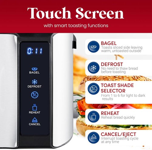 Elite Gourmet Long Slot 4-Slice Toaster - Countdown Timer, Bagel Function & Extra Wide Slots - Stainless Steel