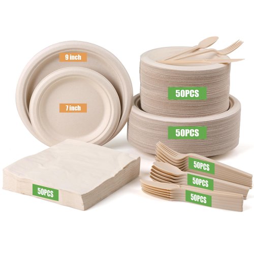 BSDPREF 300 Pack Paper Plates Set Party Supplies Severs 50 Guests Disposable Party Plates Sugarcane Forks Knives Spoons Heavy-Duty Paper Plate Bagasse Natural Compostable Eco-Friendly Birthday Wedding