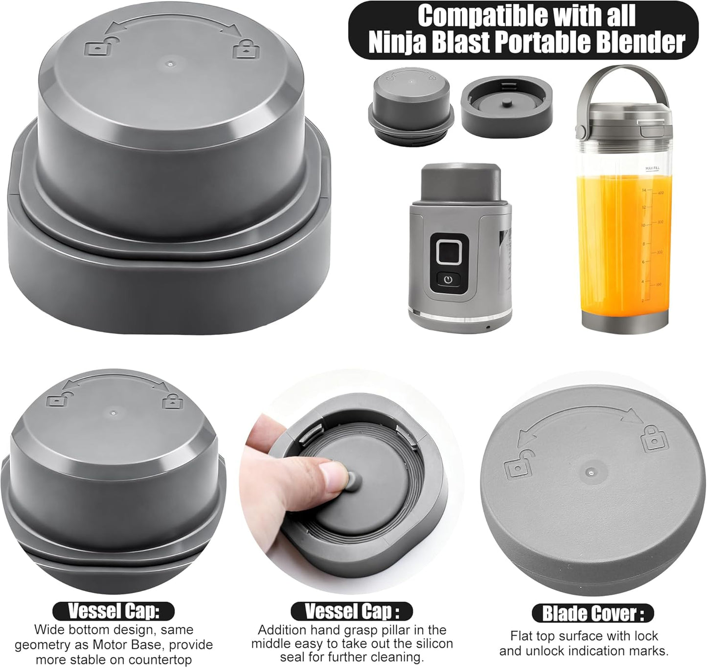 Ninja - Silicone Blade Cover & Vessel Cap - Leakproof, Dishwasher Safe Blender Parts (Grey)