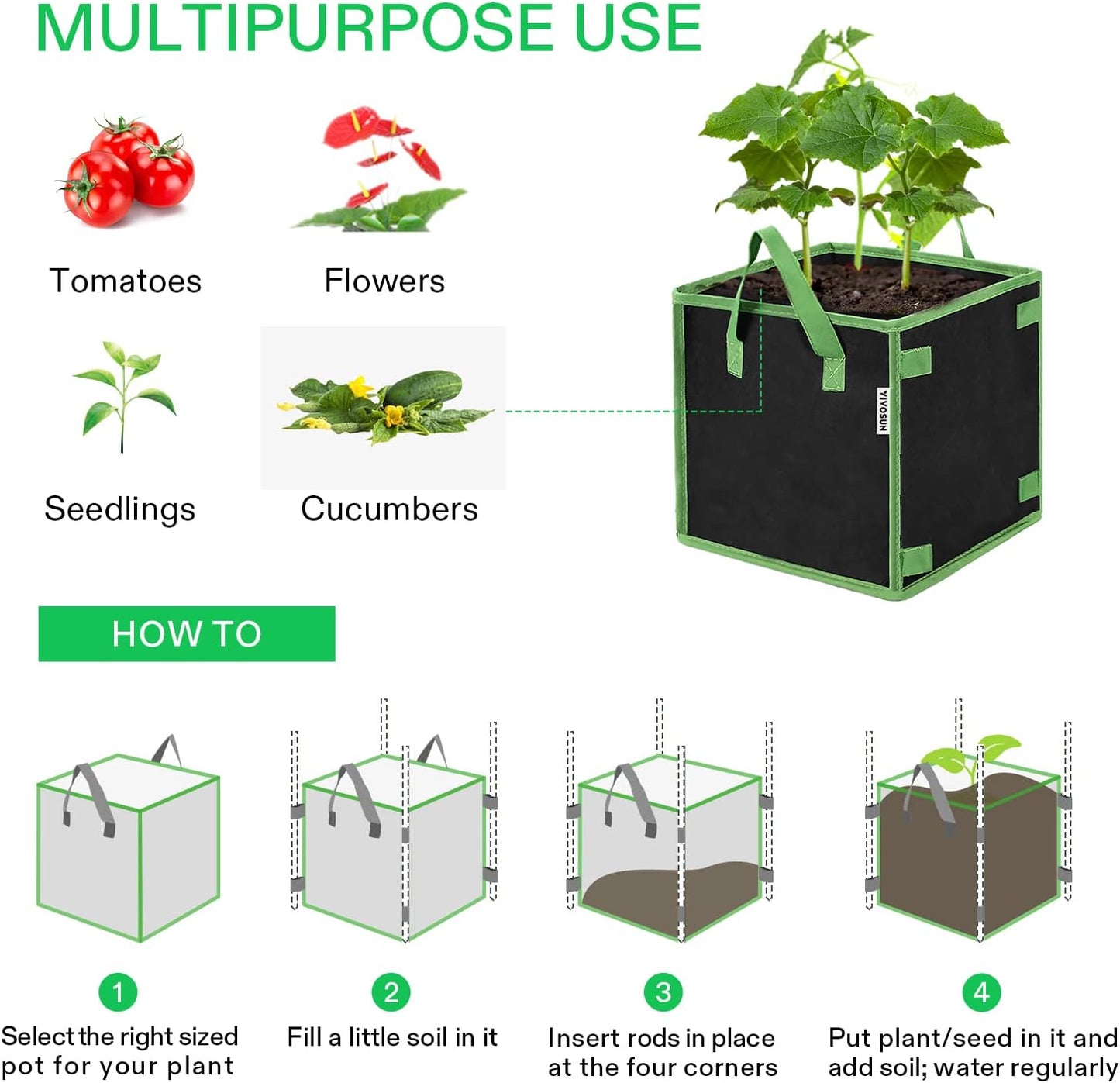 VIVOSUN 3 Gallon Square Grow Bags - Durable Nonwoven Fabric Pots with Handles for Gardening | 5 Pack