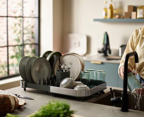 Joseph Joseph Duo Dish Drying Rack - Expanding Design with Removable Silverware Holder & Draining Spout, Stainless Steel