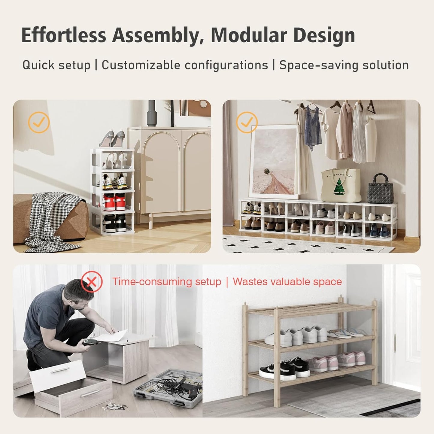 SEE SPRING 5-Tier Stackable Shoe Rack Organizer - Durable Plastic Storage Shelf for Entryway & Closet, Fits Size 13 Shoes (White)