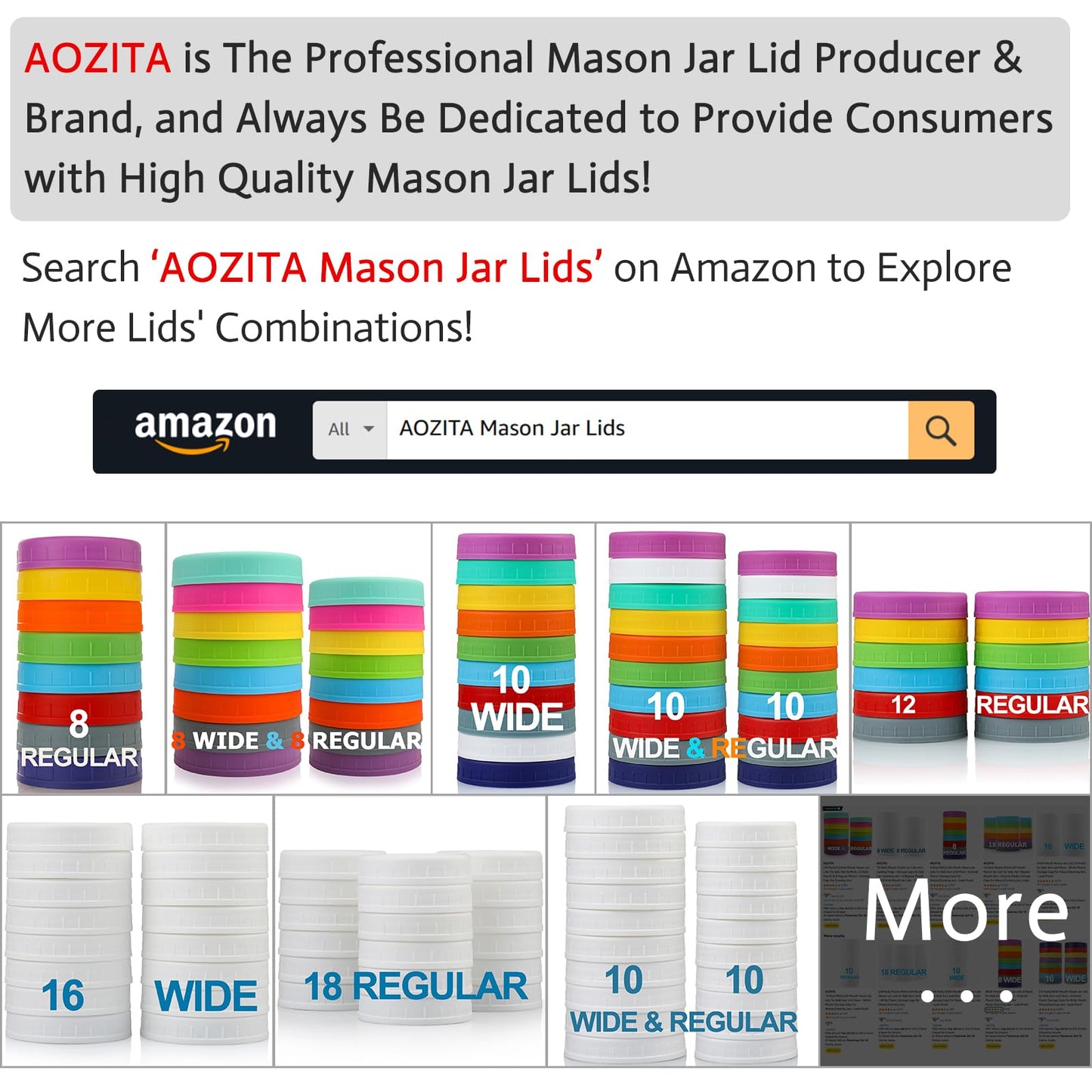 AOZITA 10 WIDE Mouth & 10 REGULAR Mouth Mason Jar Lids - 20 Pack Food Grade Plastic Mason Jar Caps for Ball, Kerr and More Canning Jars - Leakproof & Dishwasher Safe - White