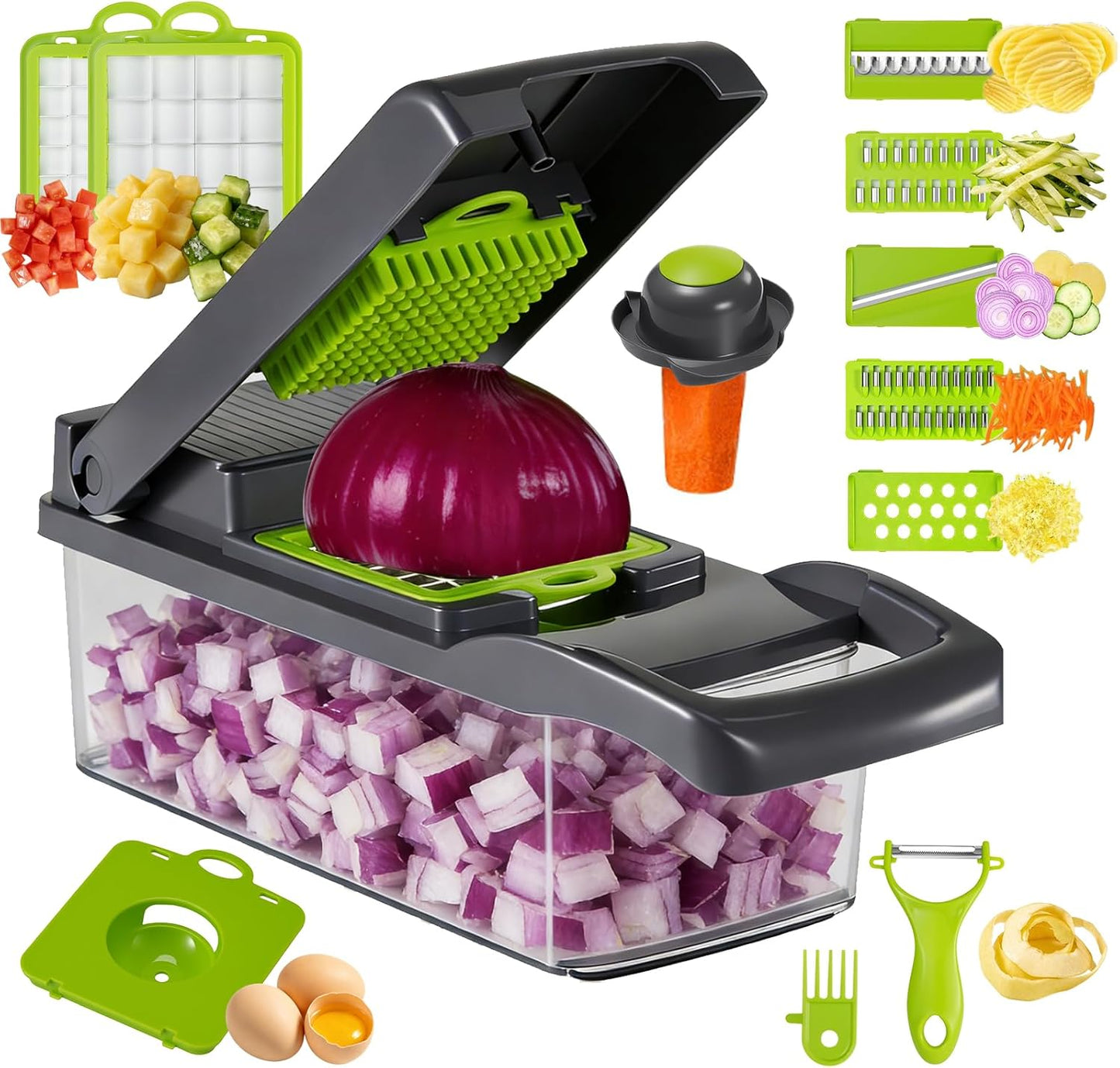 Skiennix 15-in-1 Vegetable Chopper - Multifunctional Cutter with 8 Blades & Container | Gray