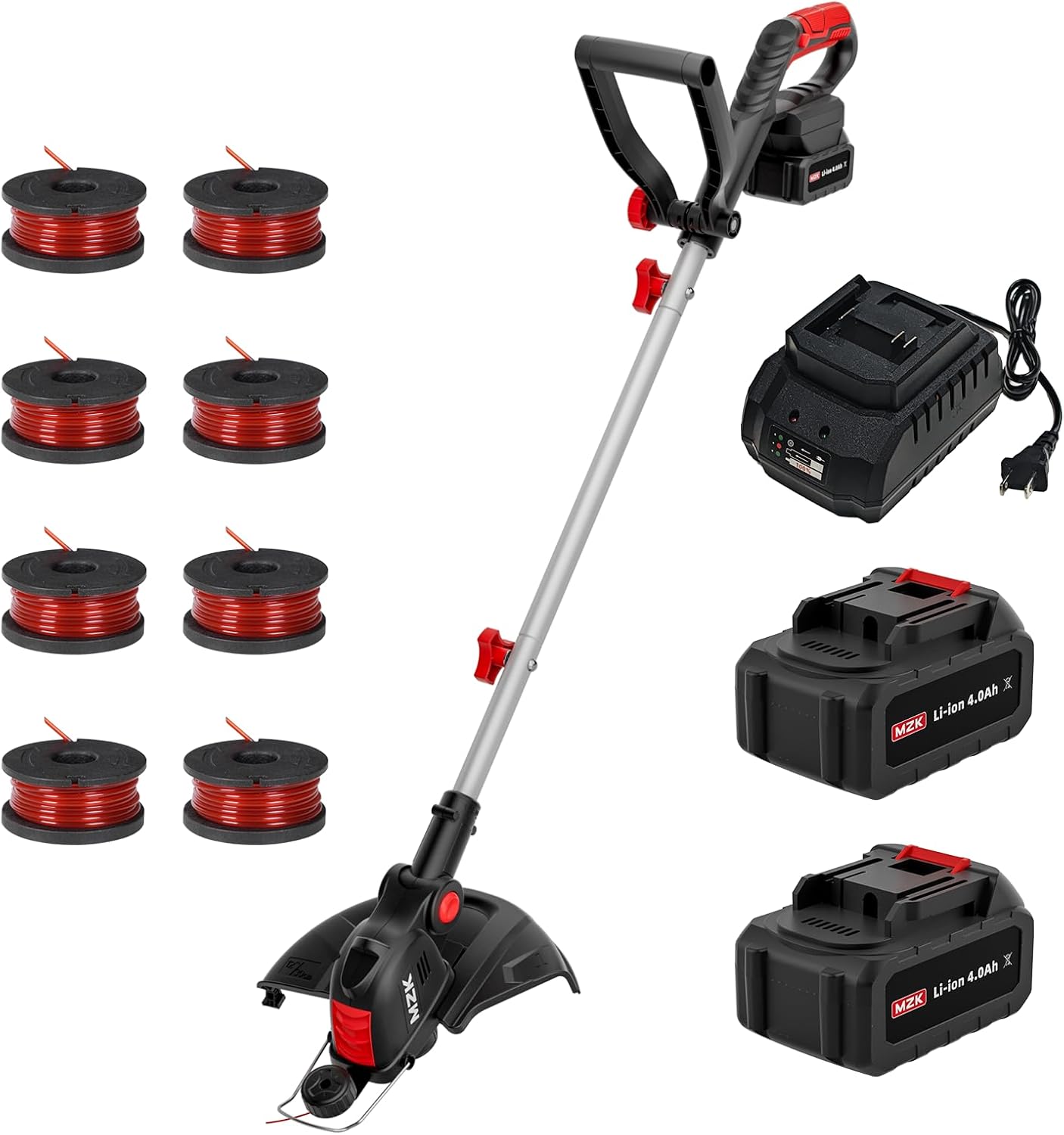 MZK 20V Cordless String Trimmer - 12'' Grass Edger with 8 Replacement Spools & Batteries Included