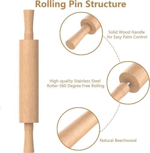 Classic Beechwood Rolling Pin - Multi-Color Thickness Rings for Baking | 17” x 2.5” with Handle