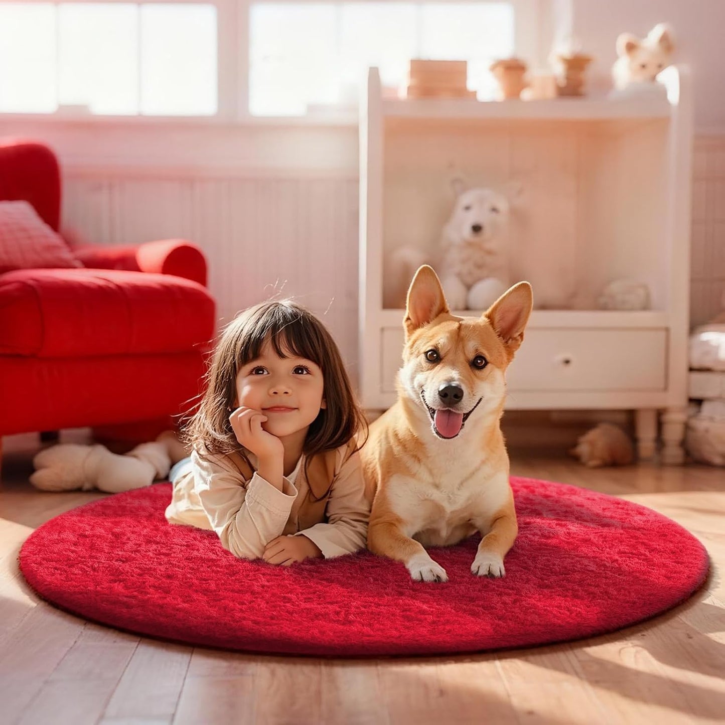 Ophanie Round Rug - 4Ft Red Circle Area Rug | Soft Shaggy Plush Carpet for Nursery & Living Room
