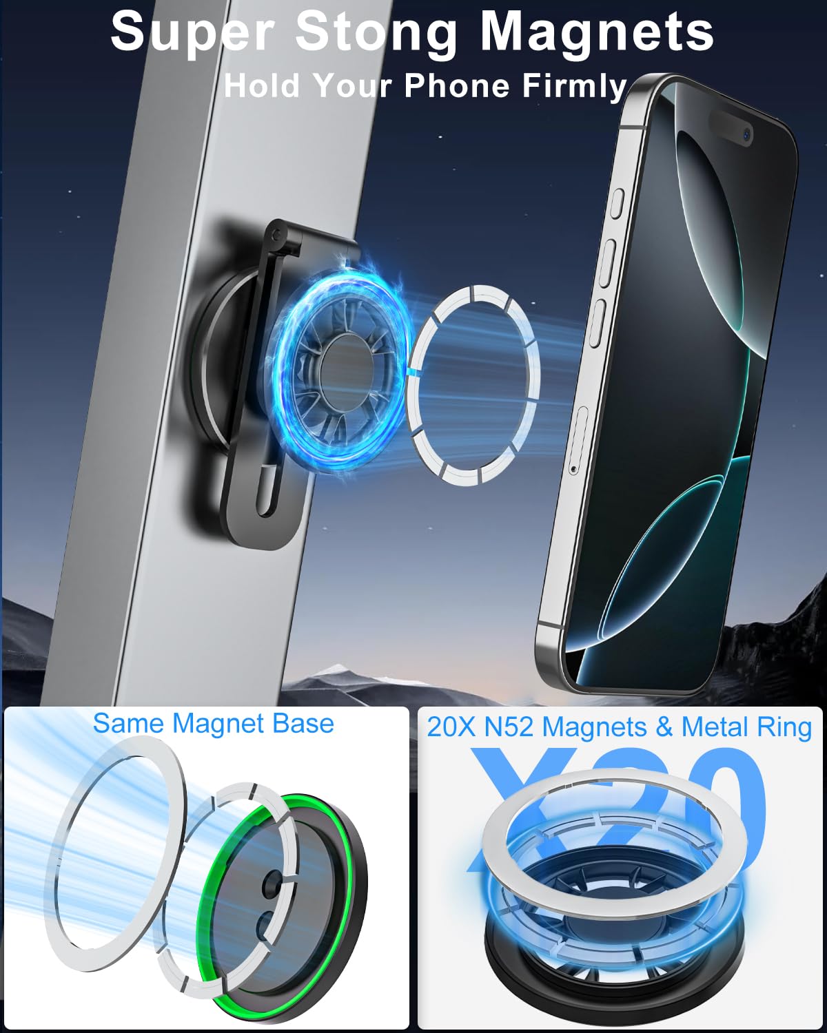 Kolasels Metal Magnetic Phone Mount for Golf Cart, Gym, Laptop, Fridge, EZGO, Club Car, Yamaha, Metal Surface, Magnet Phone Holder, Compatible with iPhone 16/15/14 Pro Max, Galaxy, 4-7" Phones