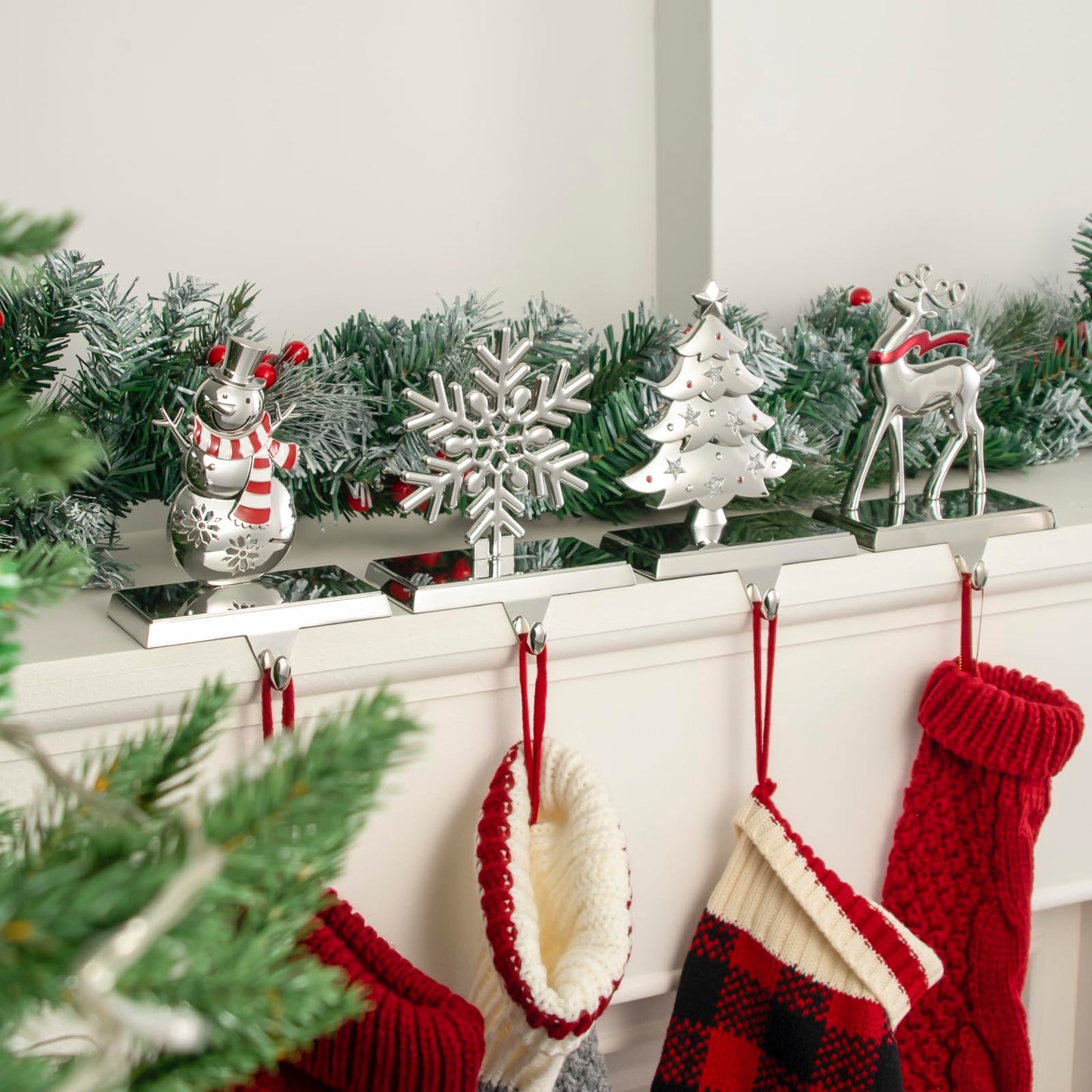 GUOER 4 Pack Snowflake Christmas Stocking Holder Set for Mantle Christmas Decorations Holiday Mantle Fireplace Topper - Snowflake Snowman Reindeer and Christmas Tree Hangers Decorative Metal Hanger