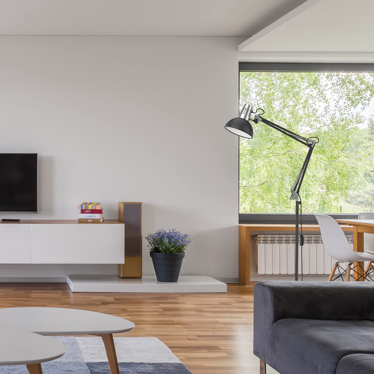 LEPOWER Floor Lamp, Swing Arm Floor Standing Lamp, Industrial Floor Lamp with Heavy Metal Base, E26 Lamp Base Floor Light, Modern Reading Lamp for Living Room, Bedroom, Study Room, Office Black