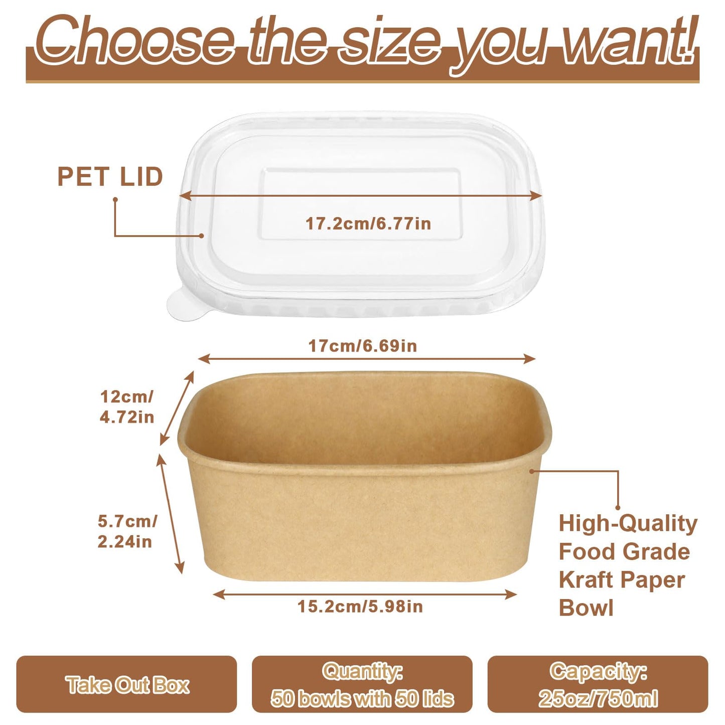 Hokimder 50 Pack 25oz Compostable Take Out Paper Food Cardboard Containers with Lids, Disposable Kraft Paper to Go Boxs, Microwave and Freezer Storage Safe for Salad, Leftovers, Soup, Snack-750ml